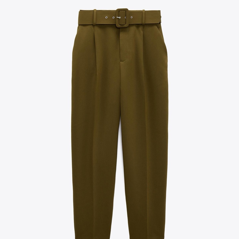 Zara olive green pants with fabric covered belt. Small. Like new.